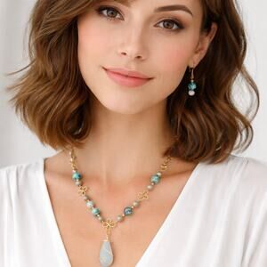 Blue Chalcedony Teardrop 1" cabochon Imperial jasper beads Gold Necklace 20"